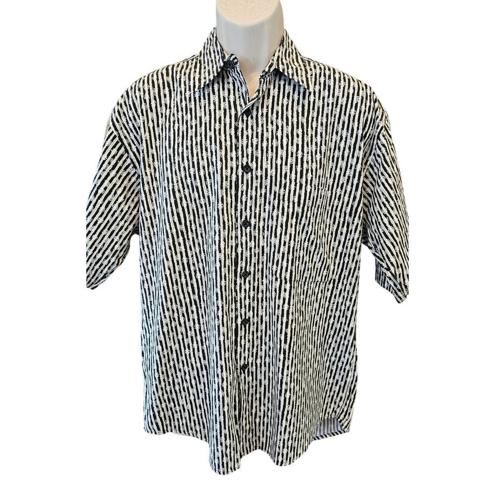 Henry grethel M floral striped retro 80s short sleeve button up career casual